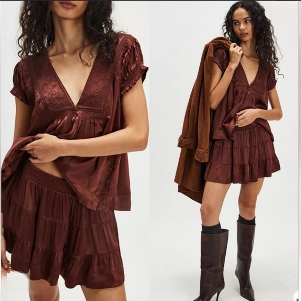 Free People Brunette Brown Embroidered V-Neck top and skirt